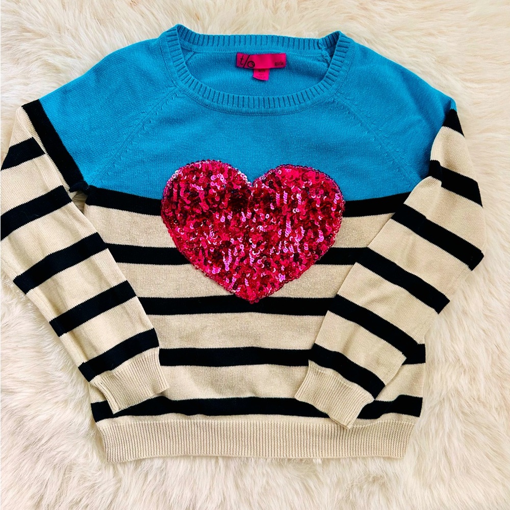 T/O - Blue and Black Striped Sweater with Pink Sequin Heart Girls Size 7